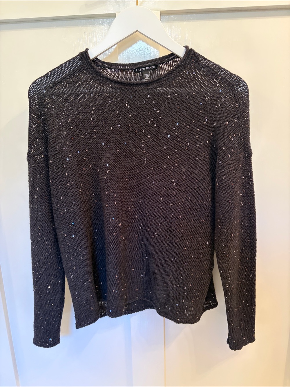 Eileen Fisher Black Sequin Open-Knit Crewneck Sweater, XXS